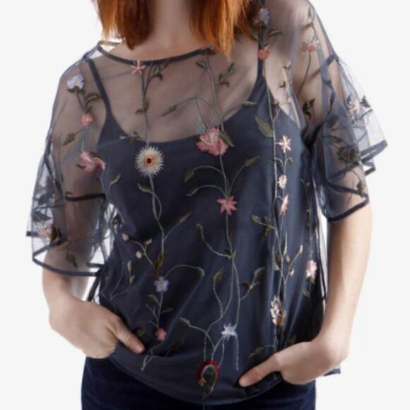 Lucky Brand -258 Grey Embroidered Sheer Floral 3/4 Sleeve Evening Blouse Size S‎ - Picture 1 of 11